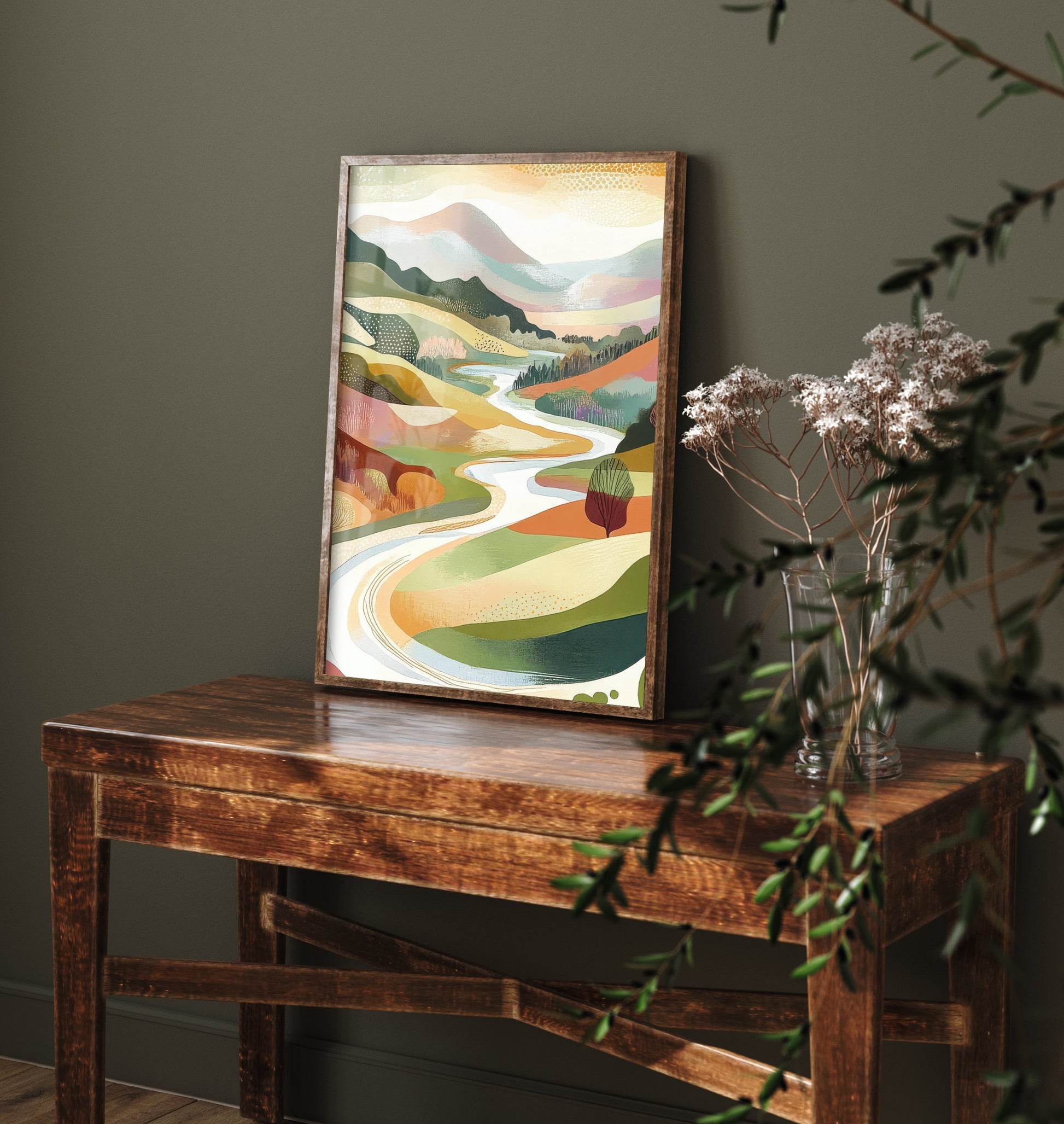 Graphic Landscape Art Print - Green Valley Poster - Folk Countryside Illustration - Riverside Valley V7 2/3
