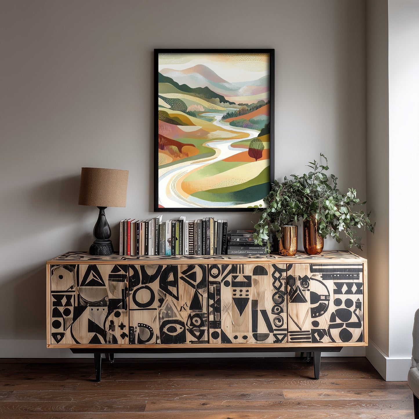 Graphic Landscape Art Print - Green Valley Poster - Folk Countryside Illustration - Riverside Valley V7 2/3