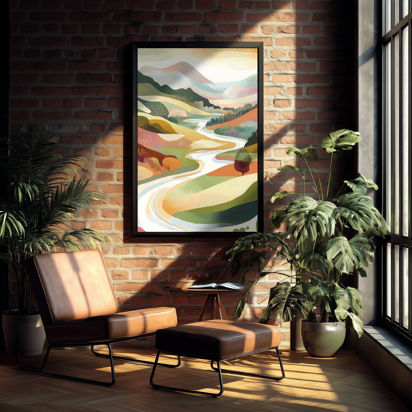Graphic Landscape Art Print - Green Valley Poster - Folk Countryside Illustration - Riverside Valley V7 2/3
