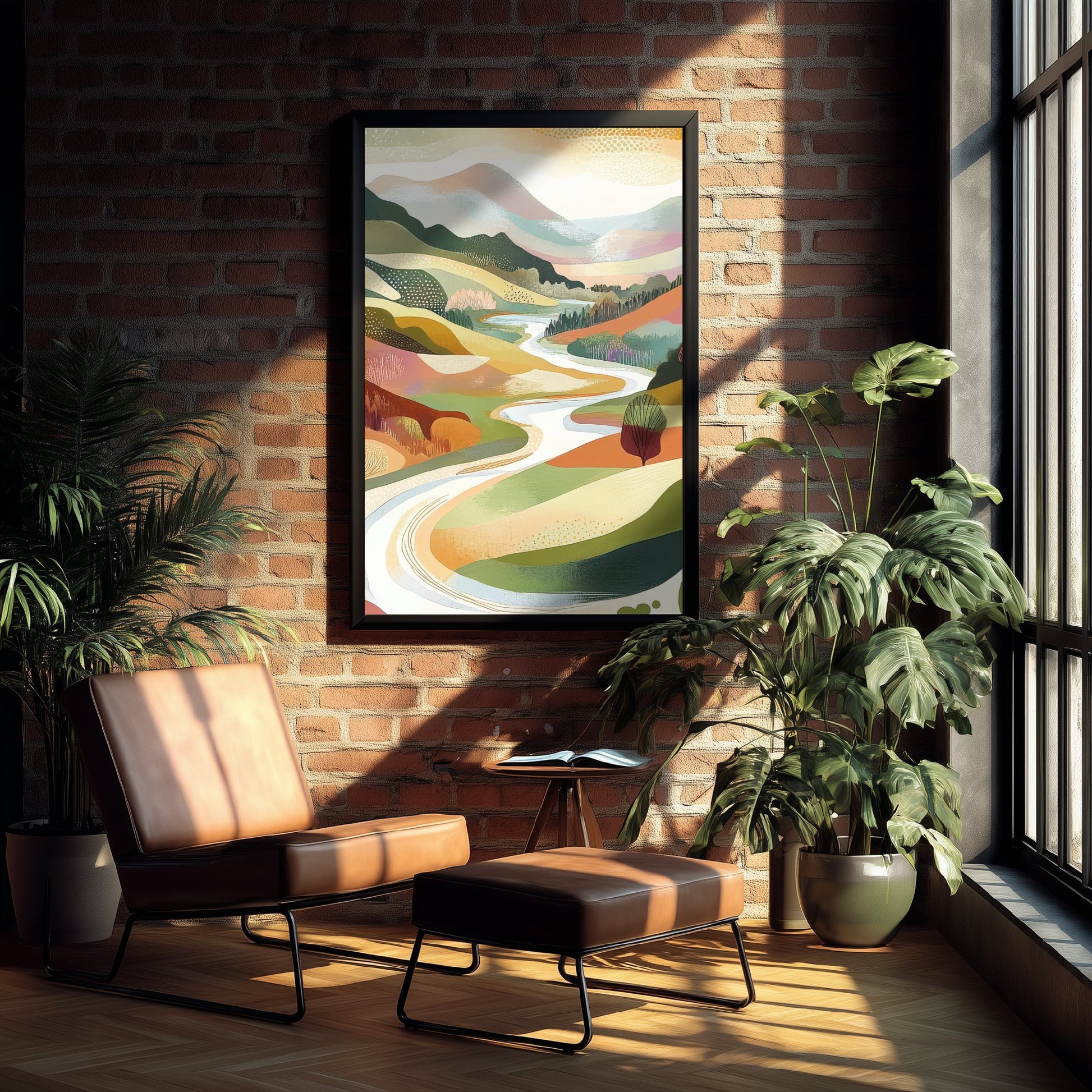 Graphic Landscape Art Print - Green Valley Poster - Folk Countryside Illustration - Riverside Valley V7 2/3
