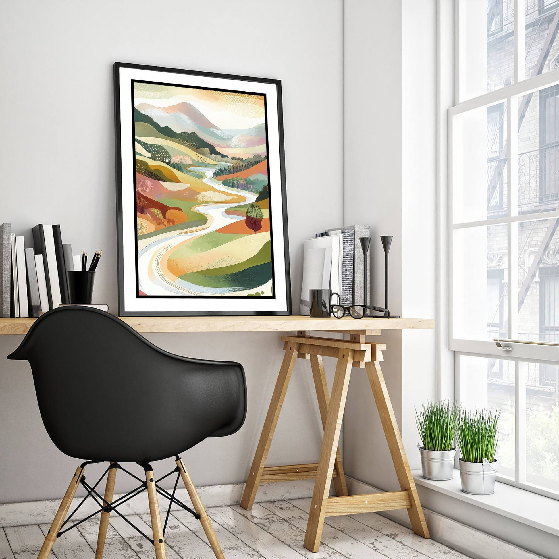 Graphic Landscape Art Print - Green Valley Poster - Folk Countryside Illustration - Riverside Valley V7 2/3