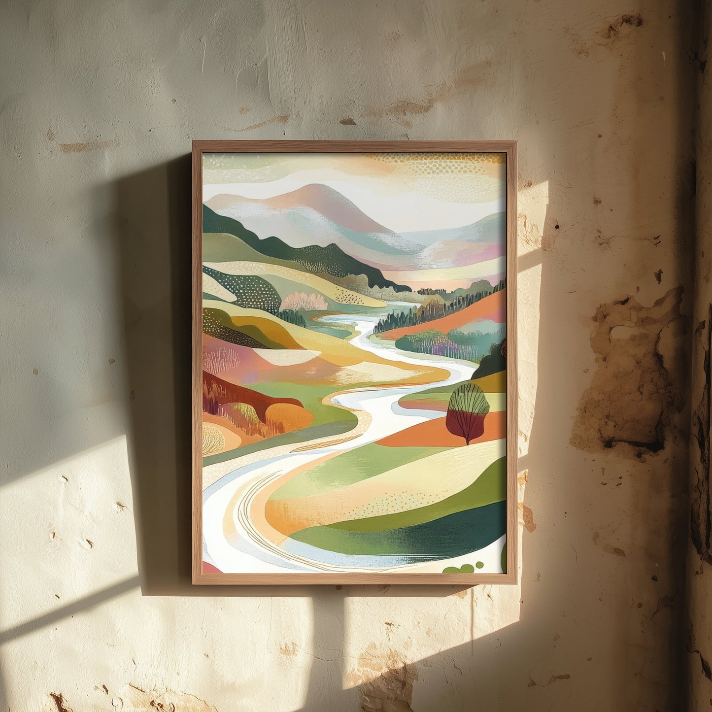 Graphic Landscape Art Print - Green Valley Poster - Folk Countryside Illustration - Riverside Valley V7 2/3