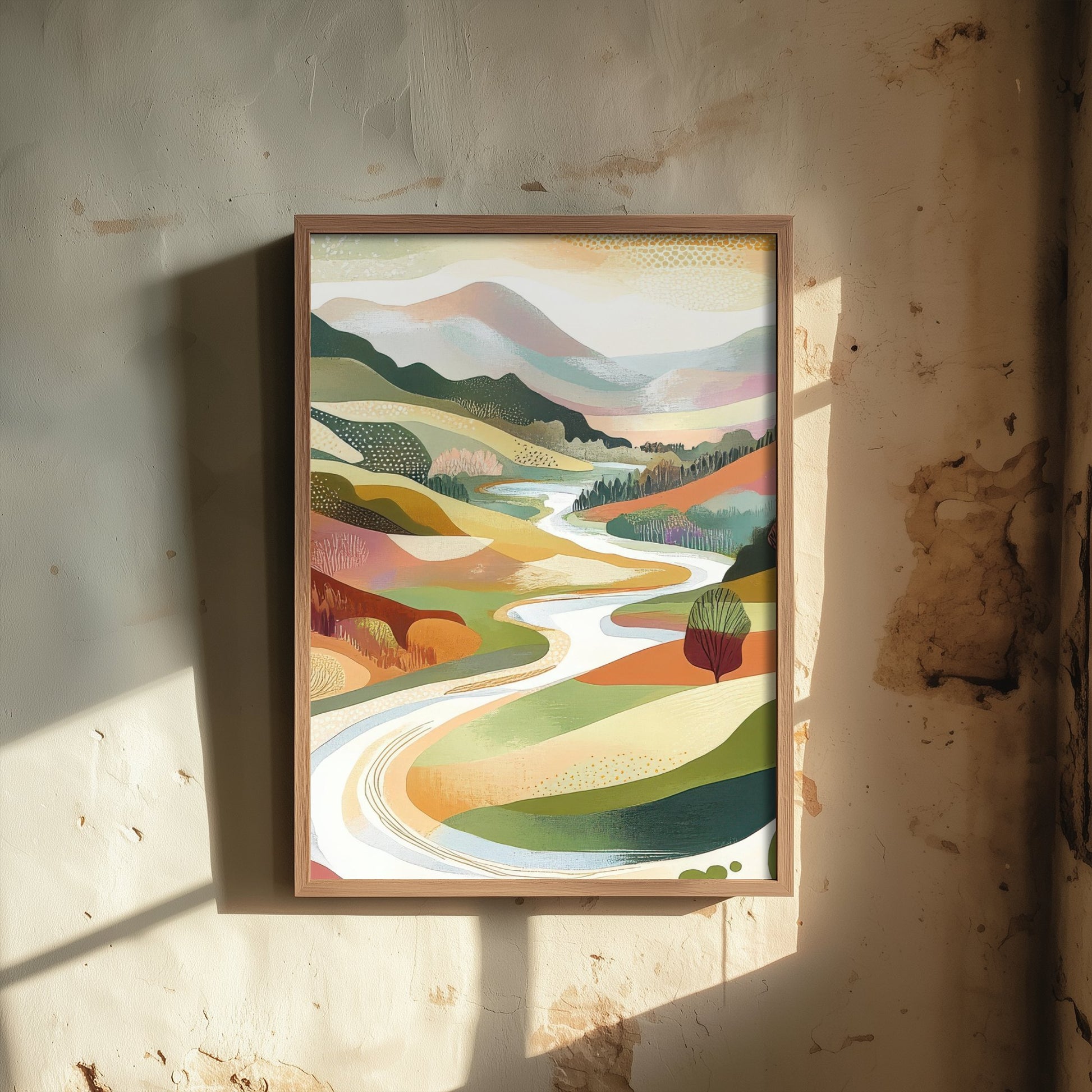 Graphic Landscape Art Print - Green Valley Poster - Folk Countryside Illustration - Riverside Valley V7 2/3