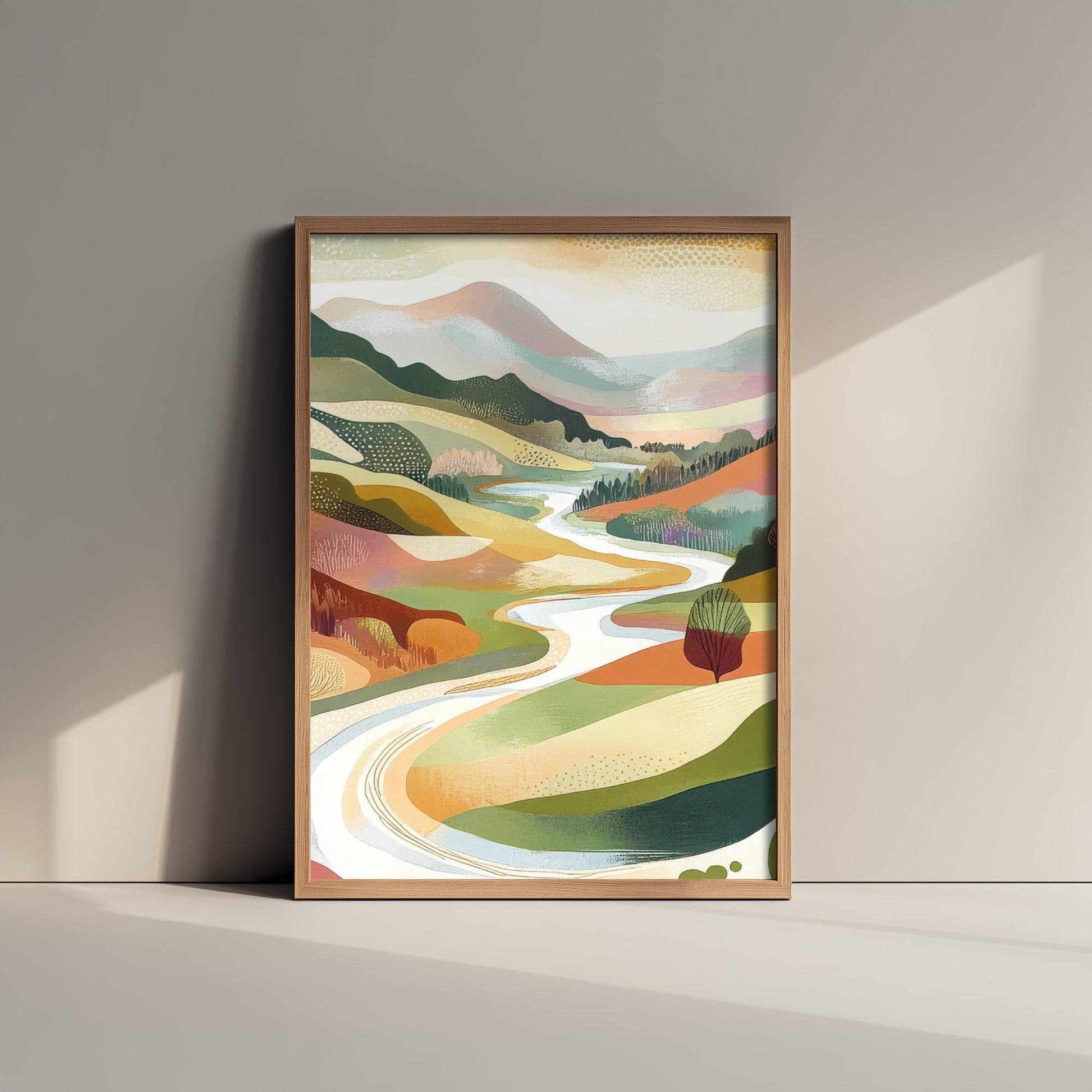 Graphic Landscape Art Print - Green Valley Poster - Folk Countryside Illustration - Riverside Valley V7 2/3