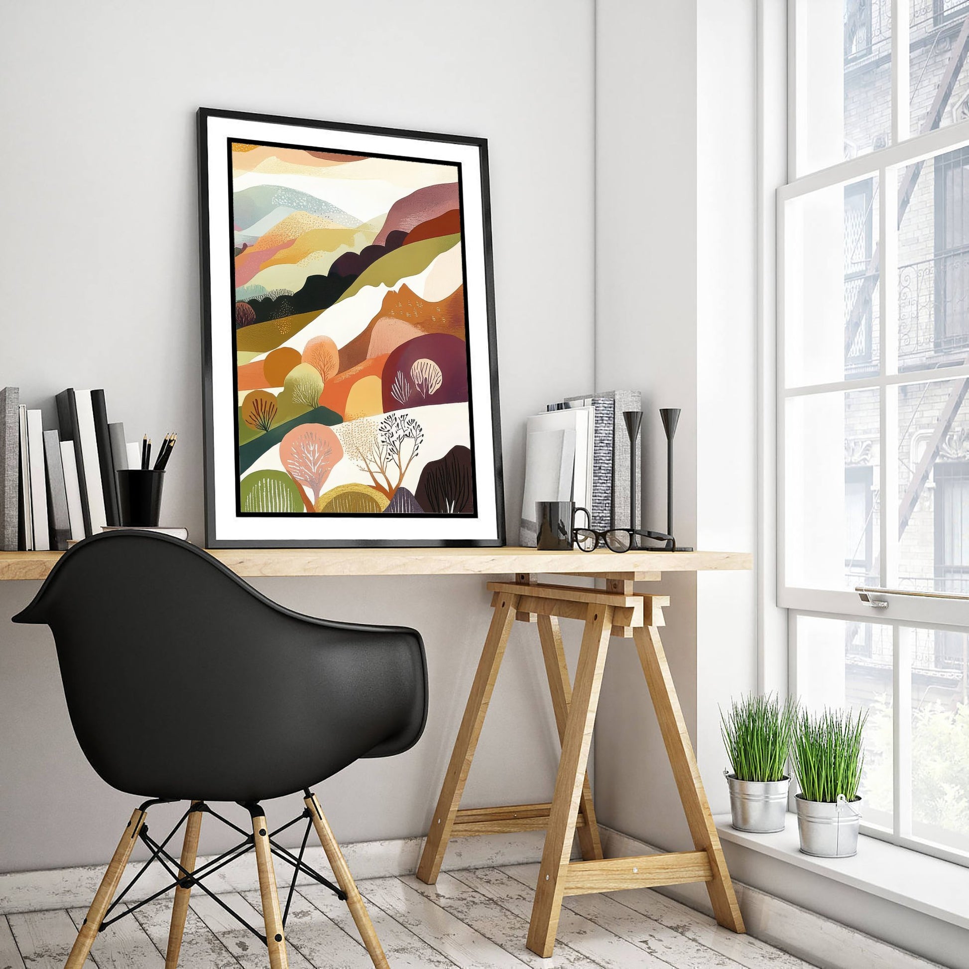 Graphic Landscape Art Print - Green Valley Poster - Folk Countryside Illustration - Countryside View V7 3/3