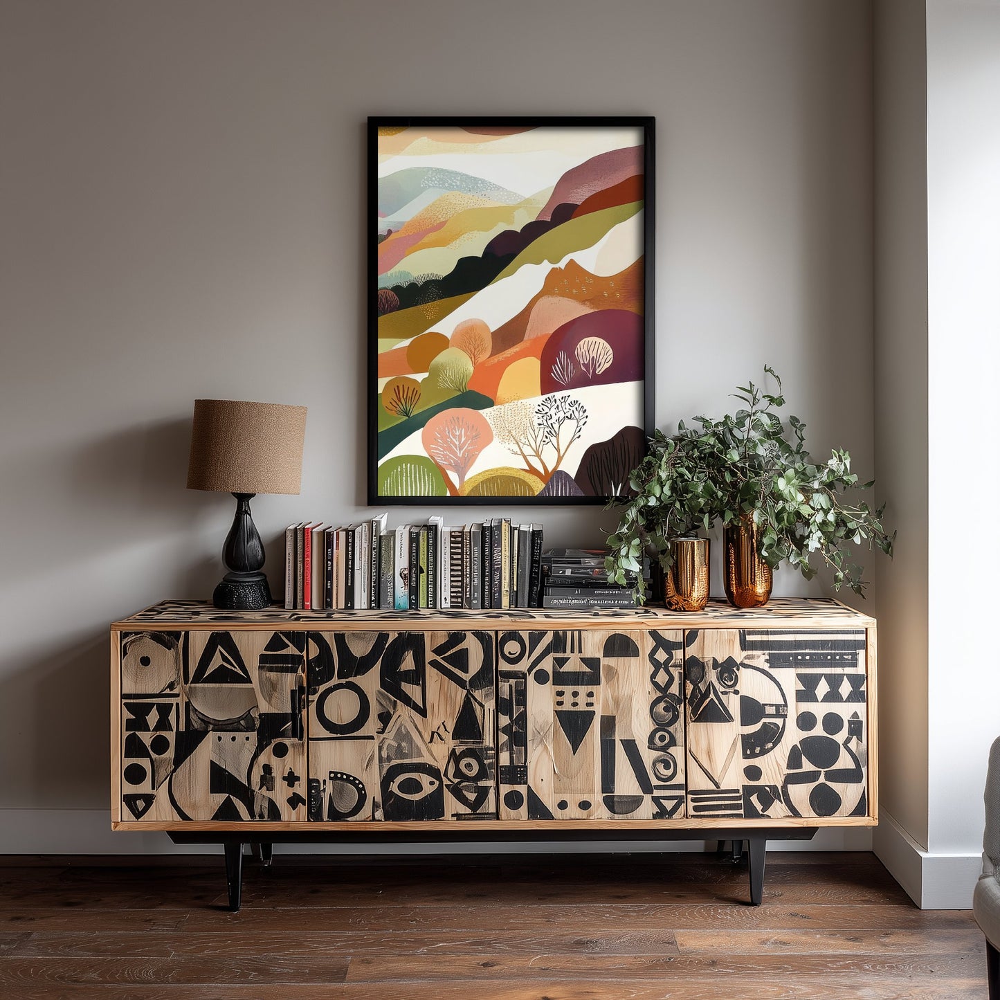Graphic Landscape Art Print - Green Valley Poster - Folk Countryside Illustration - Countryside View V7 3/3