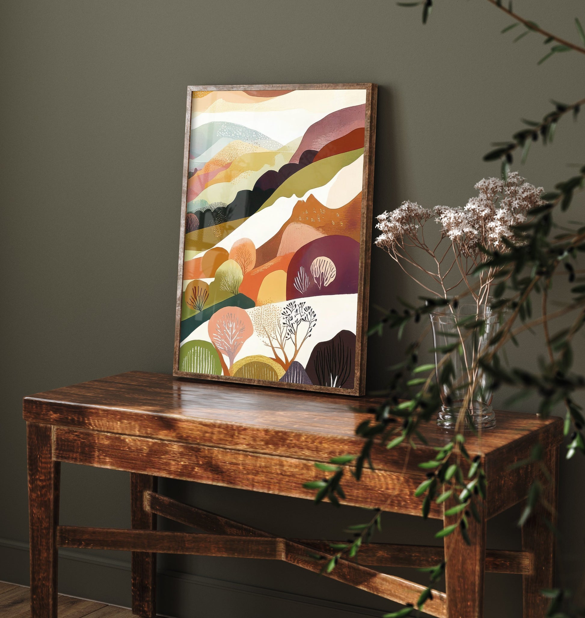 Graphic Landscape Art Print - Green Valley Poster - Folk Countryside Illustration - Countryside View V7 3/3