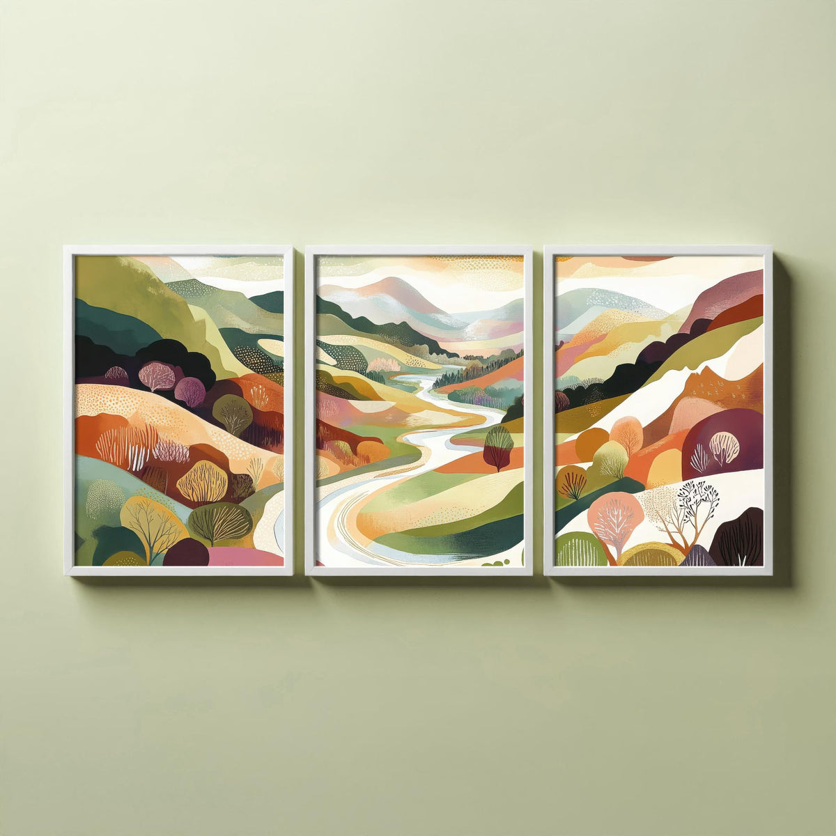 Graphic Landscape Set of Three Art Prints - 3 Winding River Posters - Folk Art Valley Painting Wall Art Gift Countryside V7