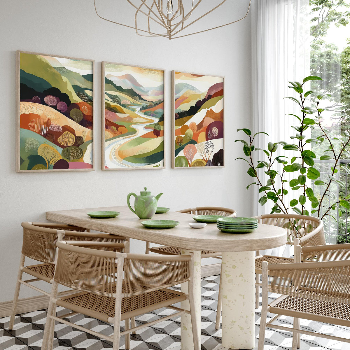 Graphic Landscape Set of Three Art Prints - 3 Winding River Posters - Folk Art Valley Painting Wall Art Gift Countryside V7
