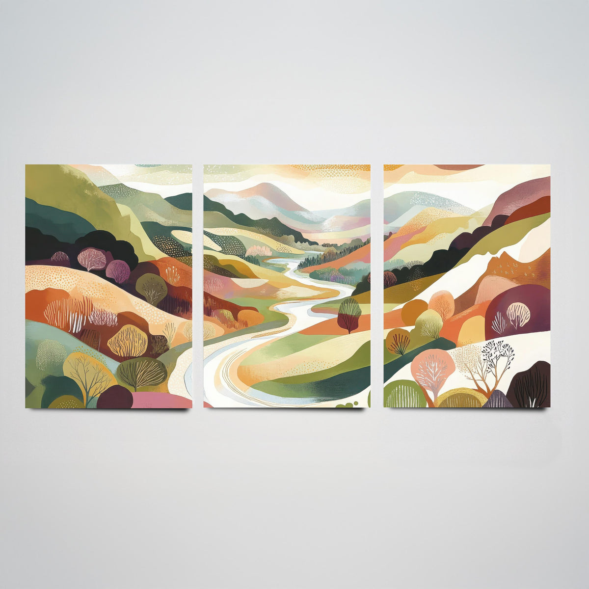 Graphic Landscape Set of Three Art Prints - 3 Winding River Posters - Folk Art Valley Painting Wall Art Gift Countryside V7