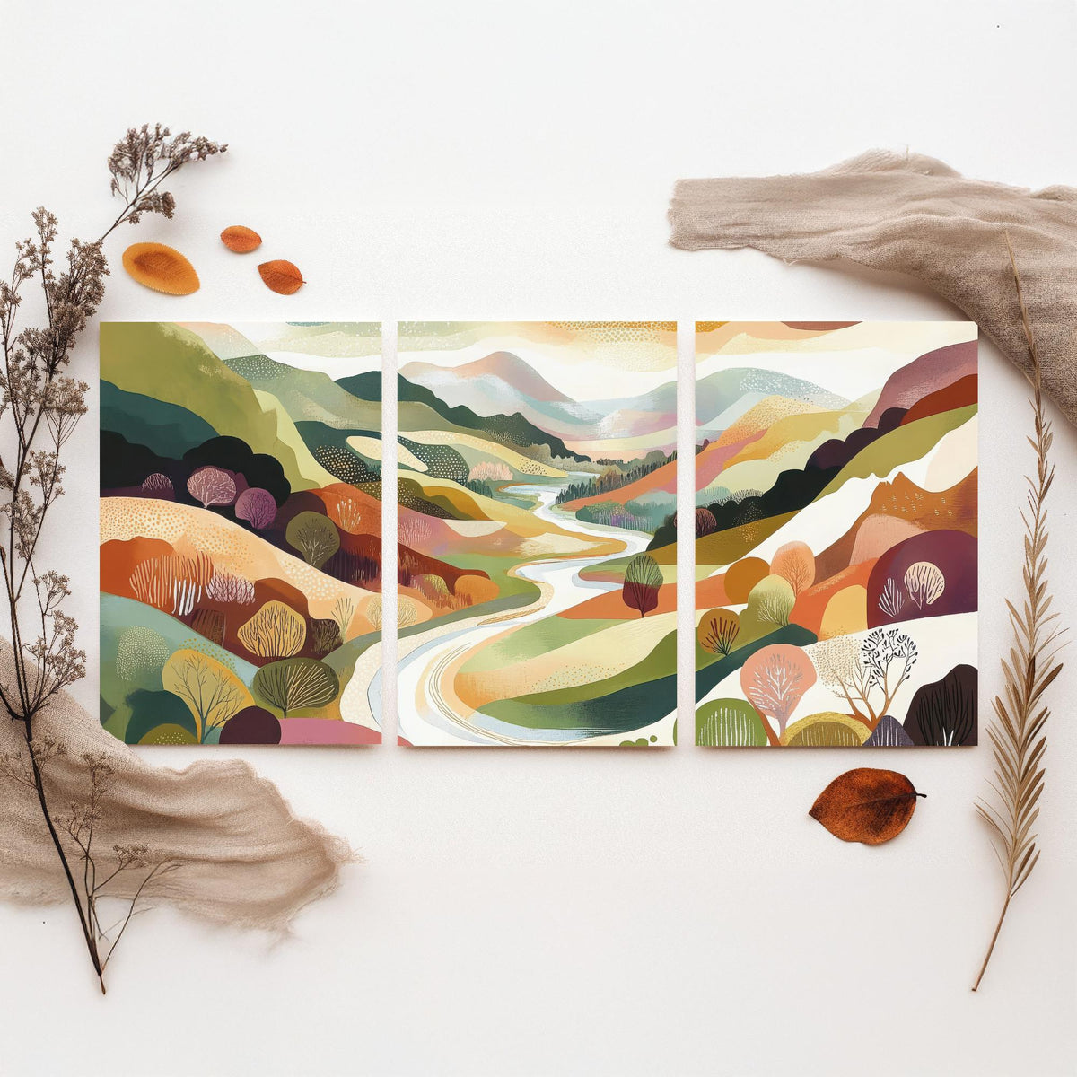 Graphic Landscape Set of Three Art Prints - 3 Winding River Posters - Folk Art Valley Painting Wall Art Gift Countryside V7