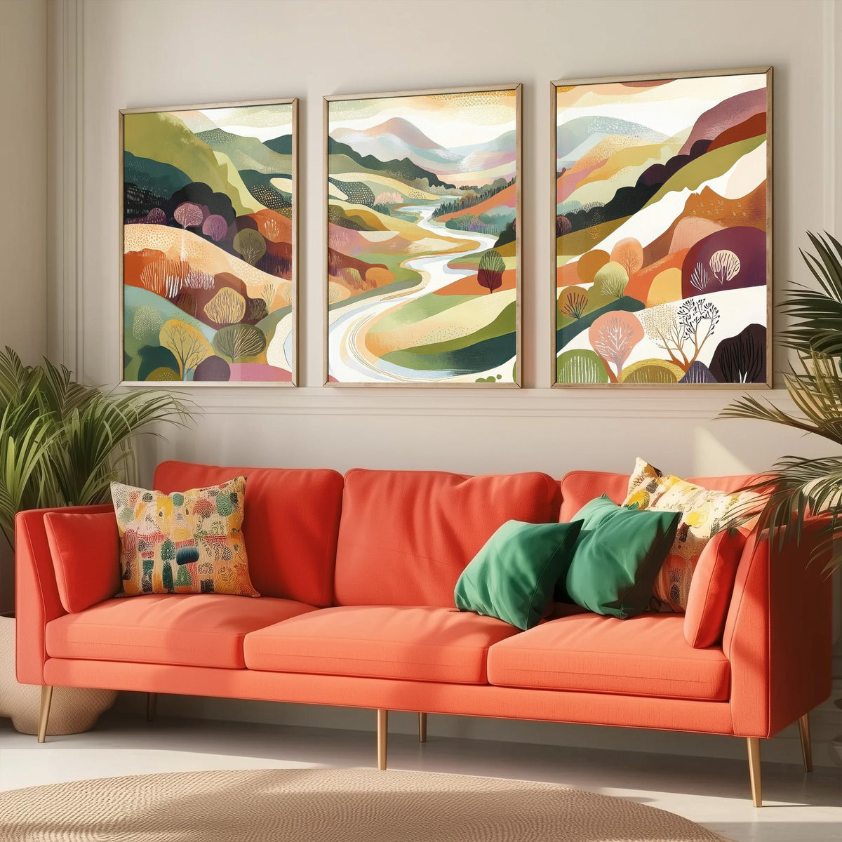 Graphic Landscape Set of Three Art Prints - 3 Winding River Posters - Folk Art Valley Painting Wall Art Gift Countryside V7