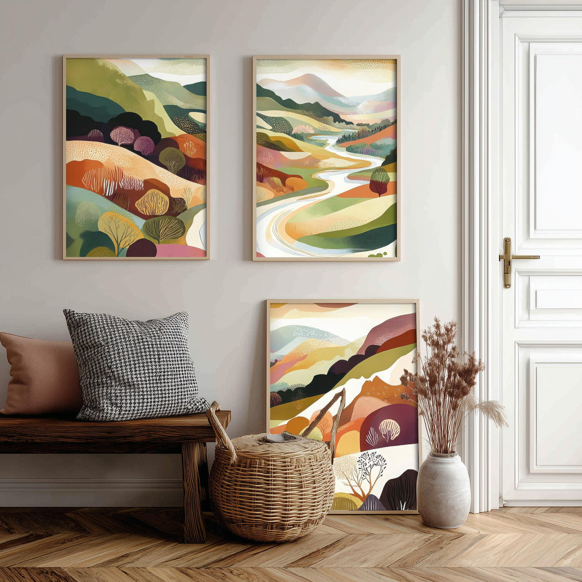 Graphic Landscape Set of Three Art Prints - 3 Winding River Posters - Folk Art Valley Painting Wall Art Gift Countryside V7