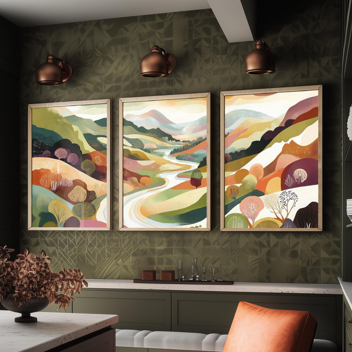 Graphic Landscape Set of Three Art Prints - 3 Winding River Posters - Folk Art Valley Painting Wall Art Gift Countryside V7
