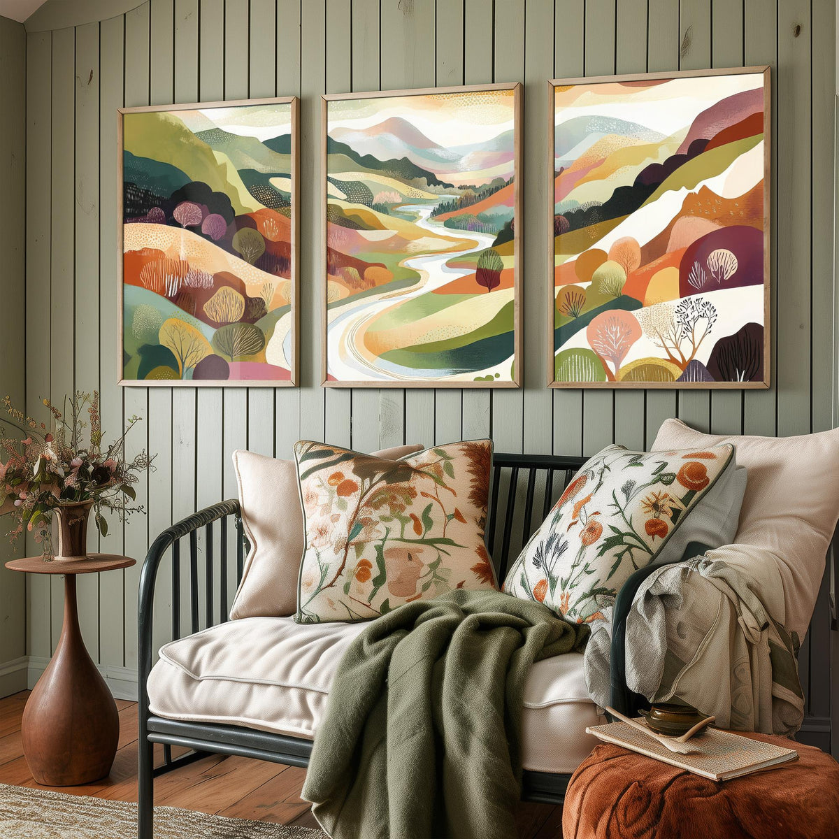 Graphic Landscape Set of Three Art Prints - 3 Winding River Posters - Folk Art Valley Painting Wall Art Gift Countryside V7