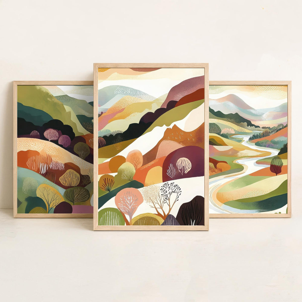 Graphic Landscape Set of Three Art Prints - 3 Winding River Posters - Folk Art Valley Painting Wall Art Gift Countryside V7