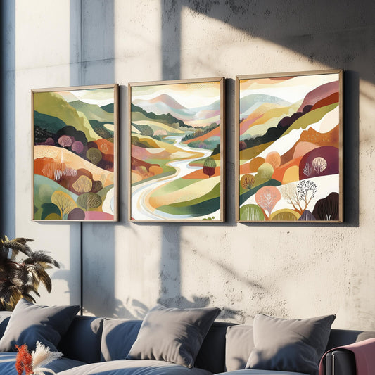 Graphic Landscape Set of Three Art Prints - 3 Winding River Posters - Folk Art Valley Painting Wall Art Gift Countryside V7