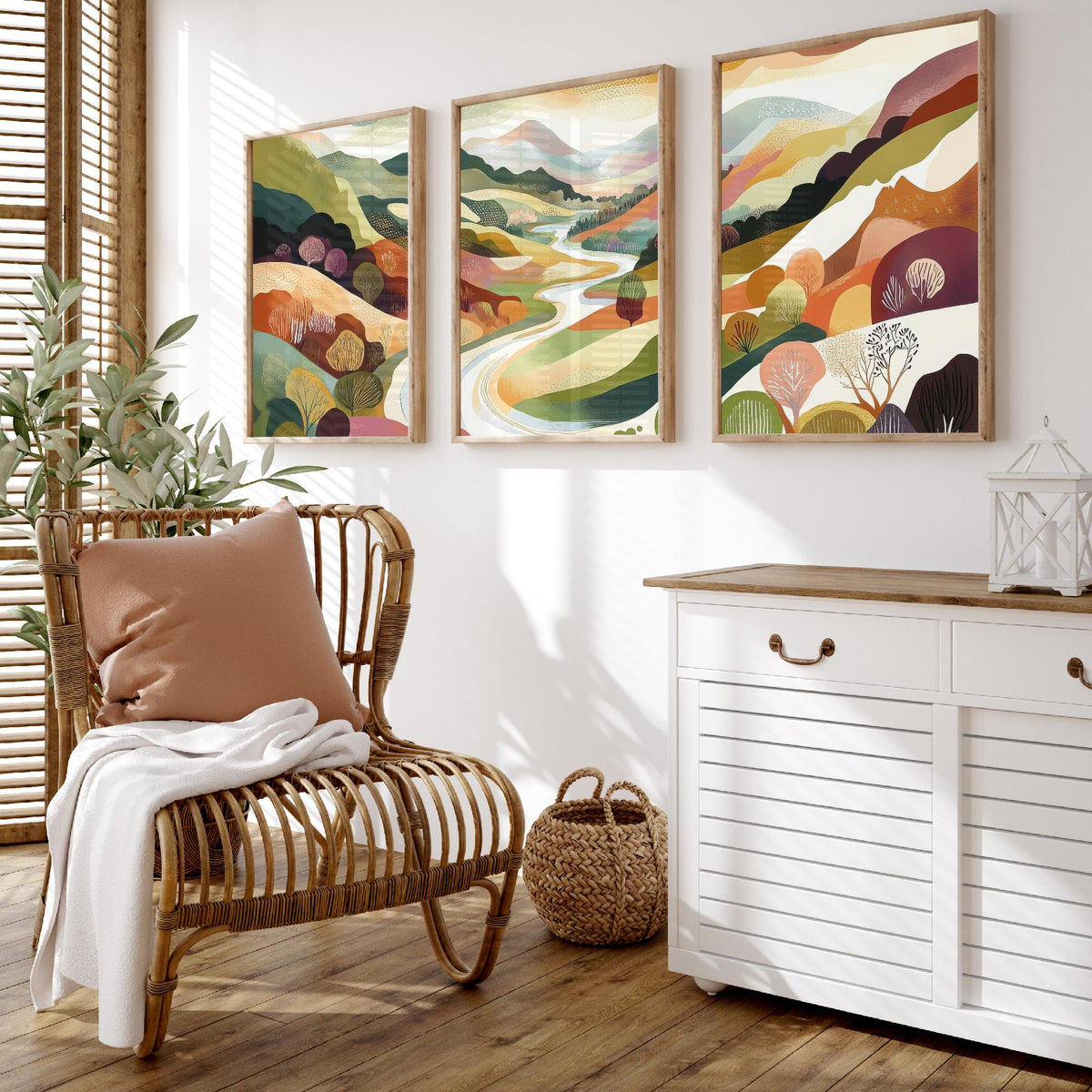 Graphic Landscape Set of Three Art Prints - 3 Winding River Posters - Folk Art Valley Painting Wall Art Gift Countryside V7