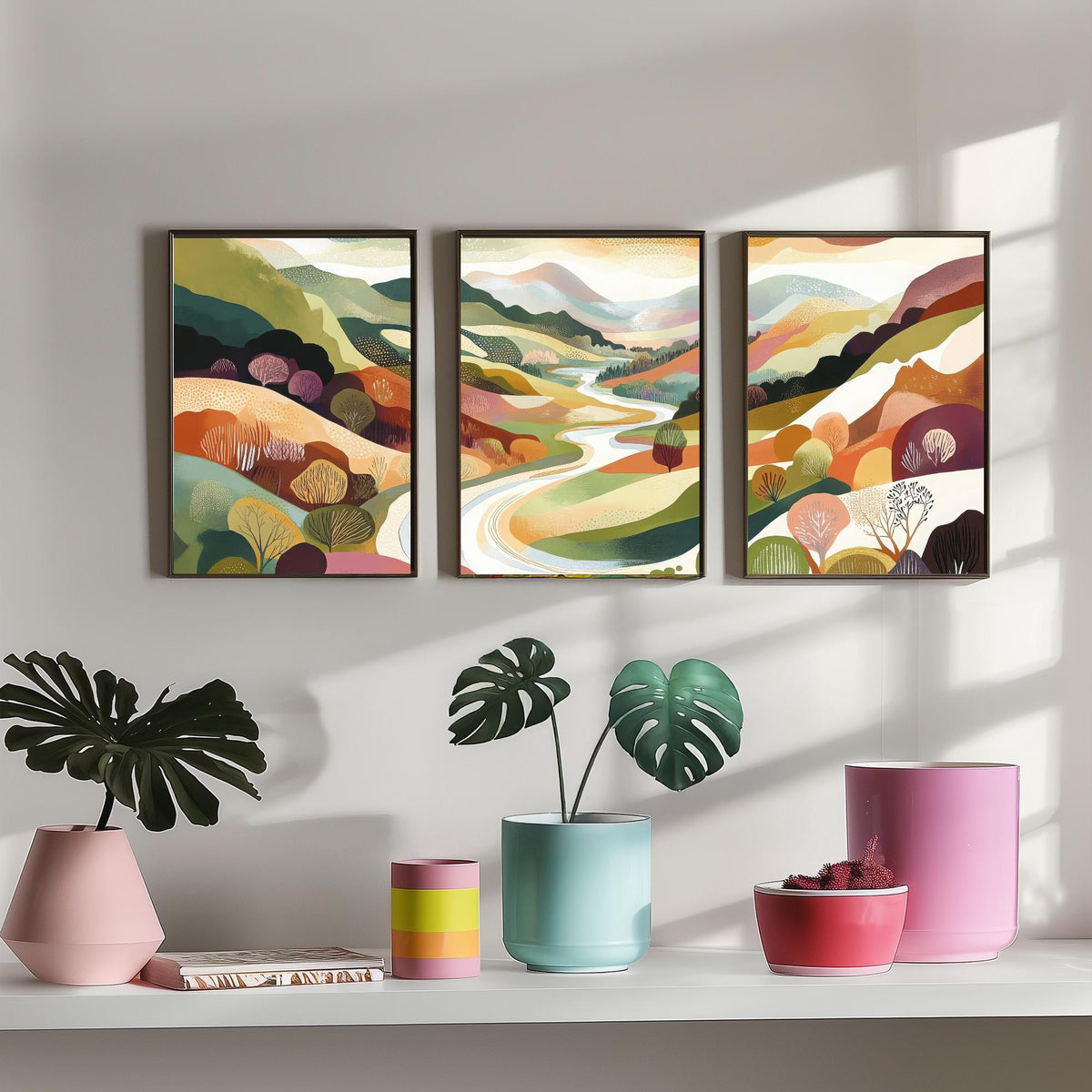 Graphic Landscape Set of Three Art Prints - 3 Winding River Posters - Folk Art Valley Painting Wall Art Gift Countryside V7