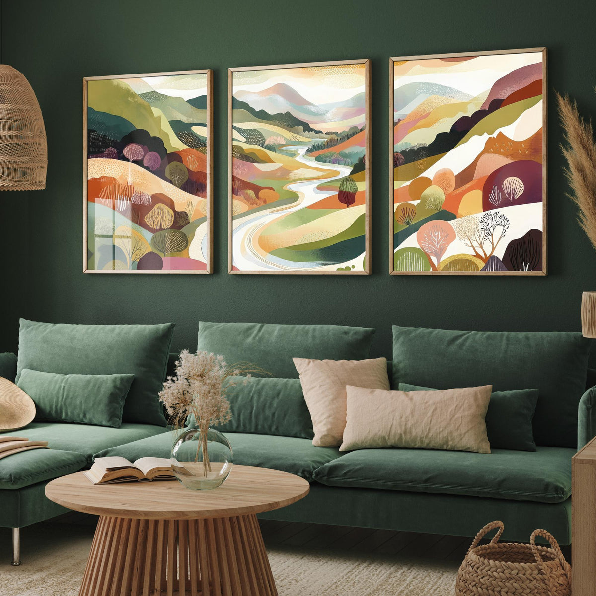 Graphic Landscape Set of Three Art Prints - 3 Winding River Posters - Folk Art Valley Painting Wall Art Gift Countryside V7