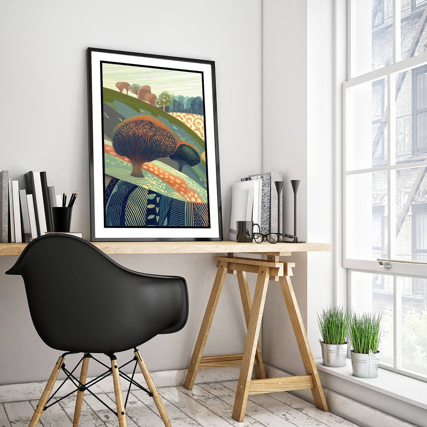 Graphic Landscape Art Print - Coral Green Valley Poster - Folk Countryside Illustration - Patterned Trees V8 1/3