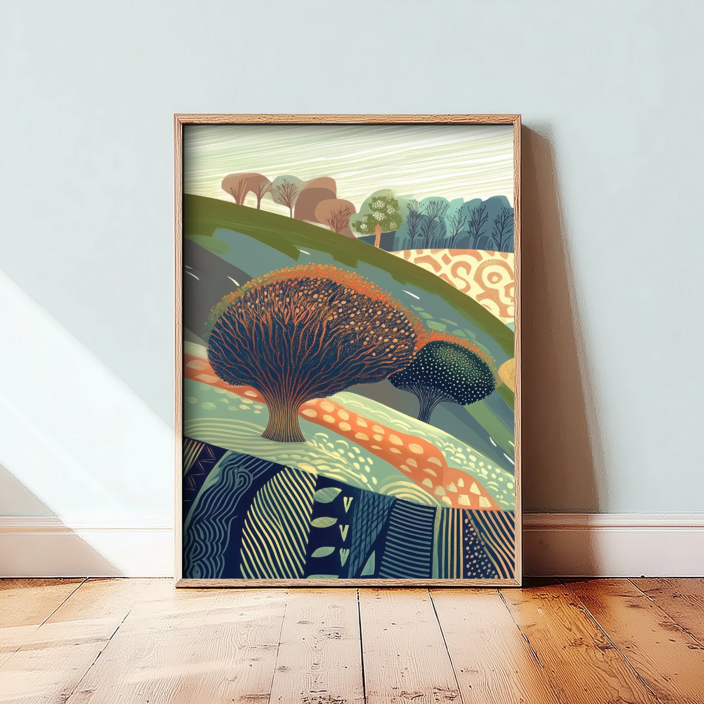 Graphic Landscape Art Print - Coral Green Valley Poster - Folk Countryside Illustration - Patterned Trees V8 1/3