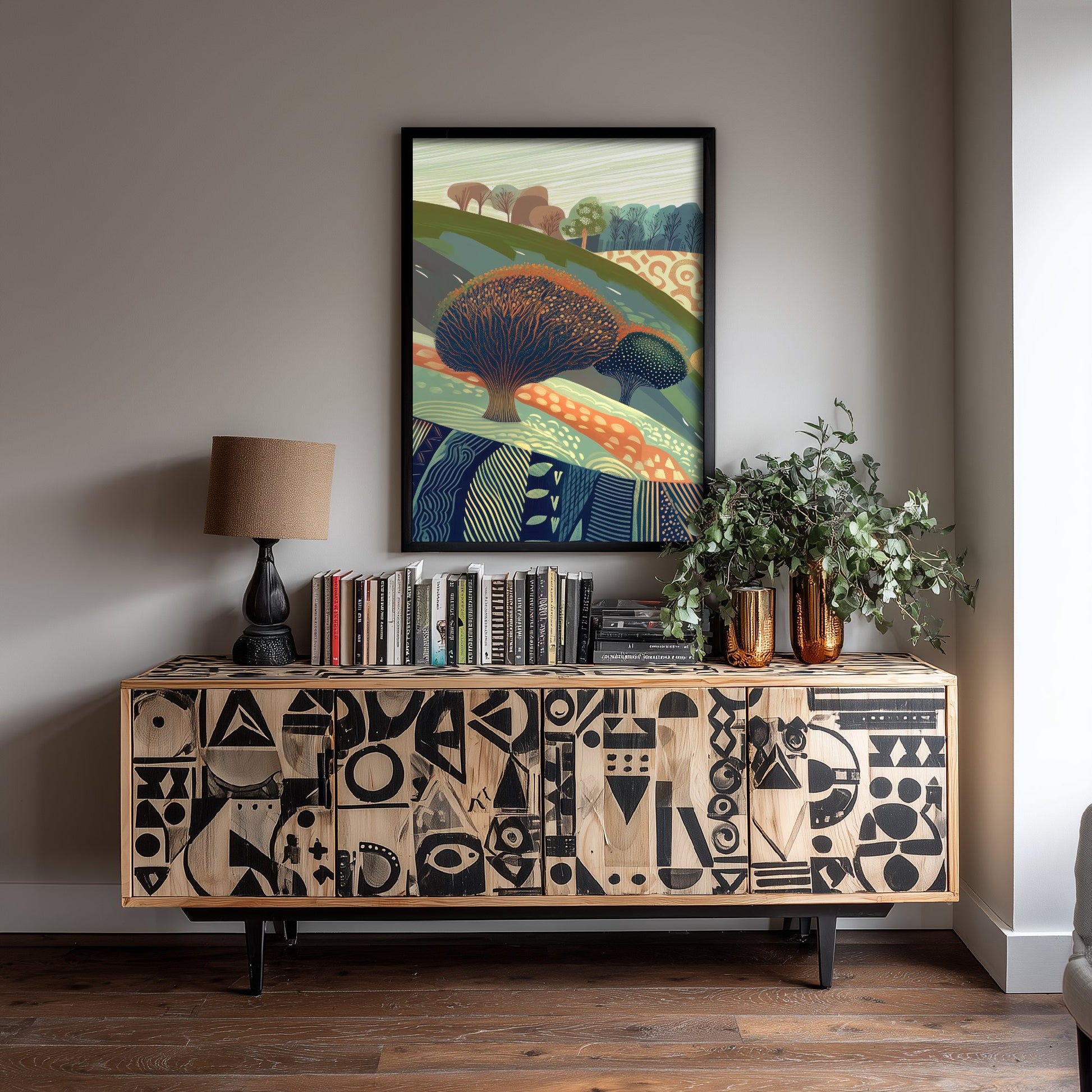 Graphic Landscape Art Print - Coral Green Valley Poster - Folk Countryside Illustration - Patterned Trees V8 1/3