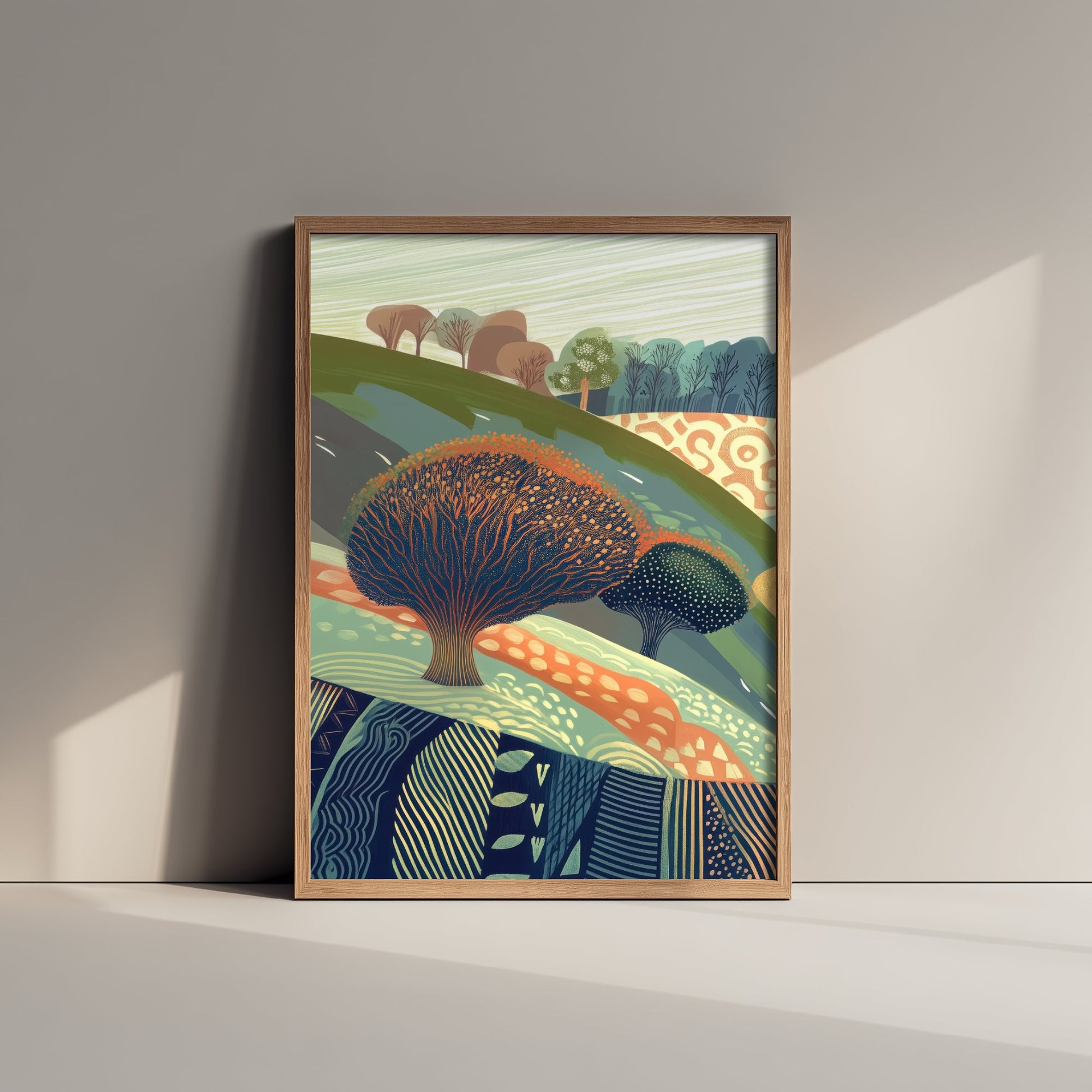 Graphic Landscape Art Print - Coral Green Valley Poster - Folk Countryside Illustration - Patterned Trees V8 1/3