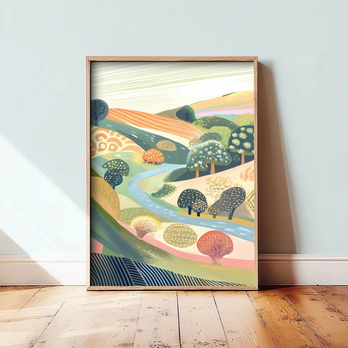 Graphic Landscape Art Print - Coral Green Valley Poster - Folk Countryside Illustration - Coral River Valley V8 2/3