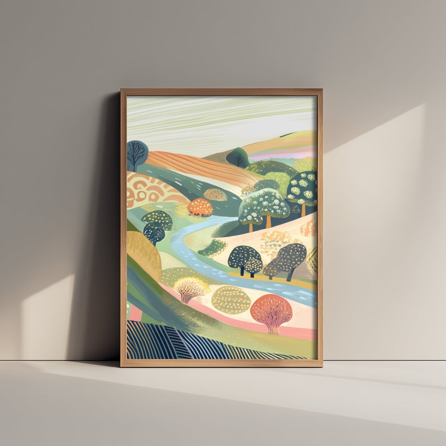 Graphic Landscape Art Print - Coral Green Valley Poster - Folk Countryside Illustration - Coral River Valley V8 2/3