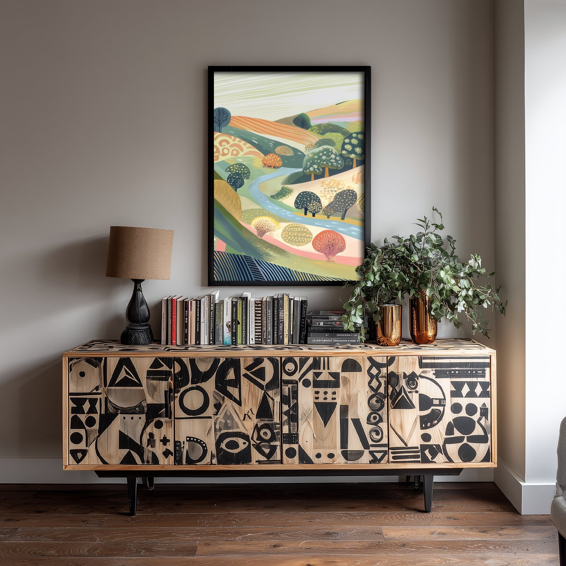 Graphic Landscape Art Print - Coral Green Valley Poster - Folk Countryside Illustration - Coral River Valley V8 2/3