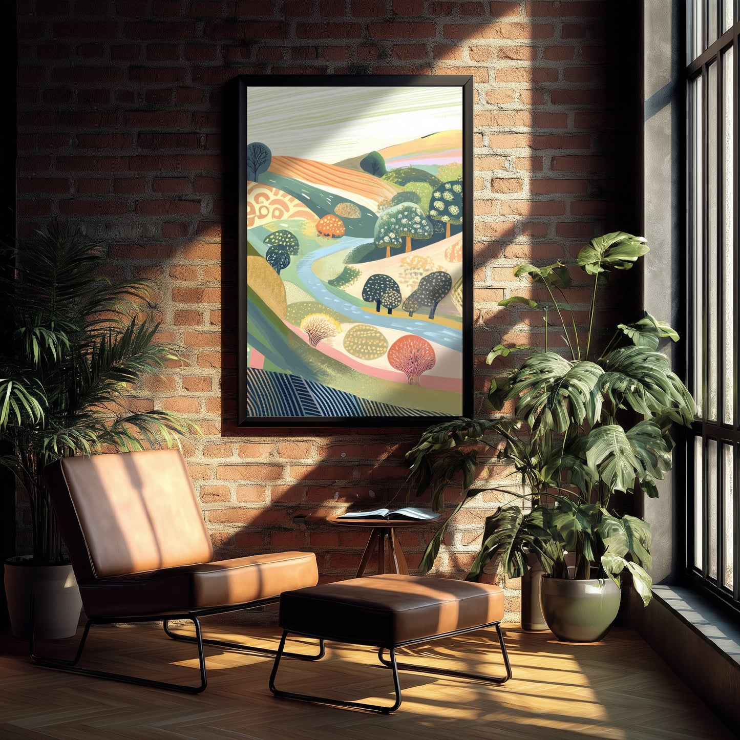 Graphic Landscape Art Print - Coral Green Valley Poster - Folk Countryside Illustration - Coral River Valley V8 2/3