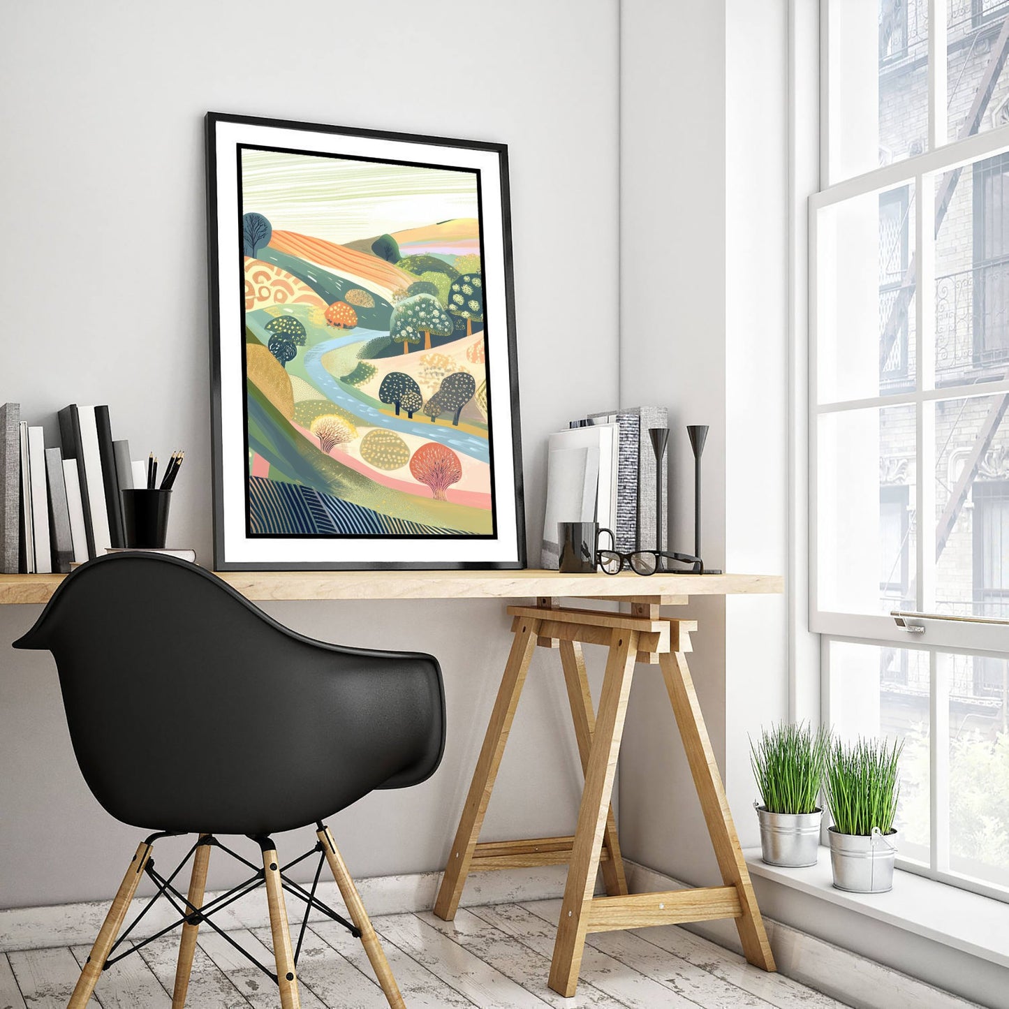 Graphic Landscape Art Print - Coral Green Valley Poster - Folk Countryside Illustration - Coral River Valley V8 2/3
