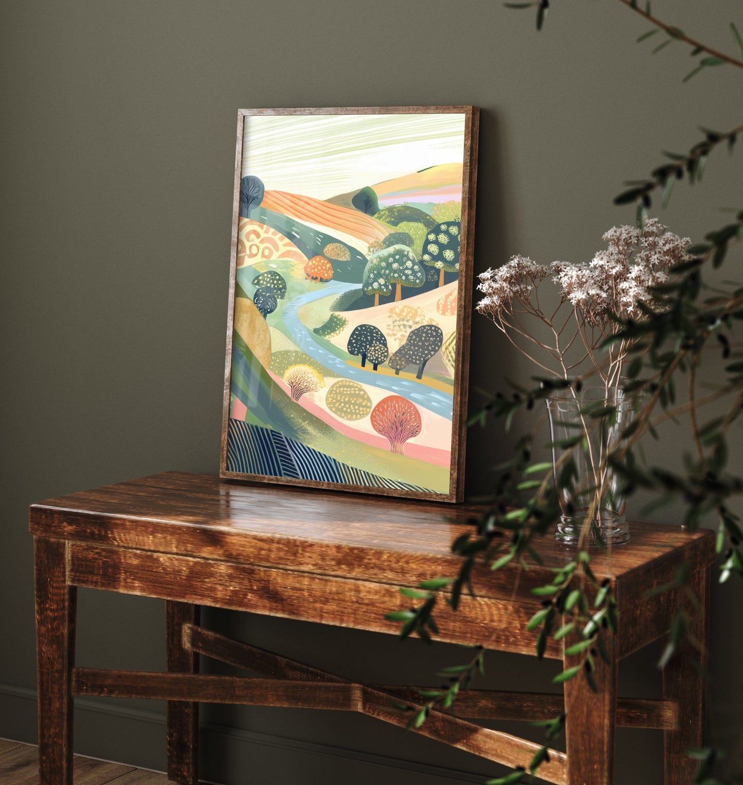 Graphic Landscape Art Print - Coral Green Valley Poster - Folk Countryside Illustration - Coral River Valley V8 2/3