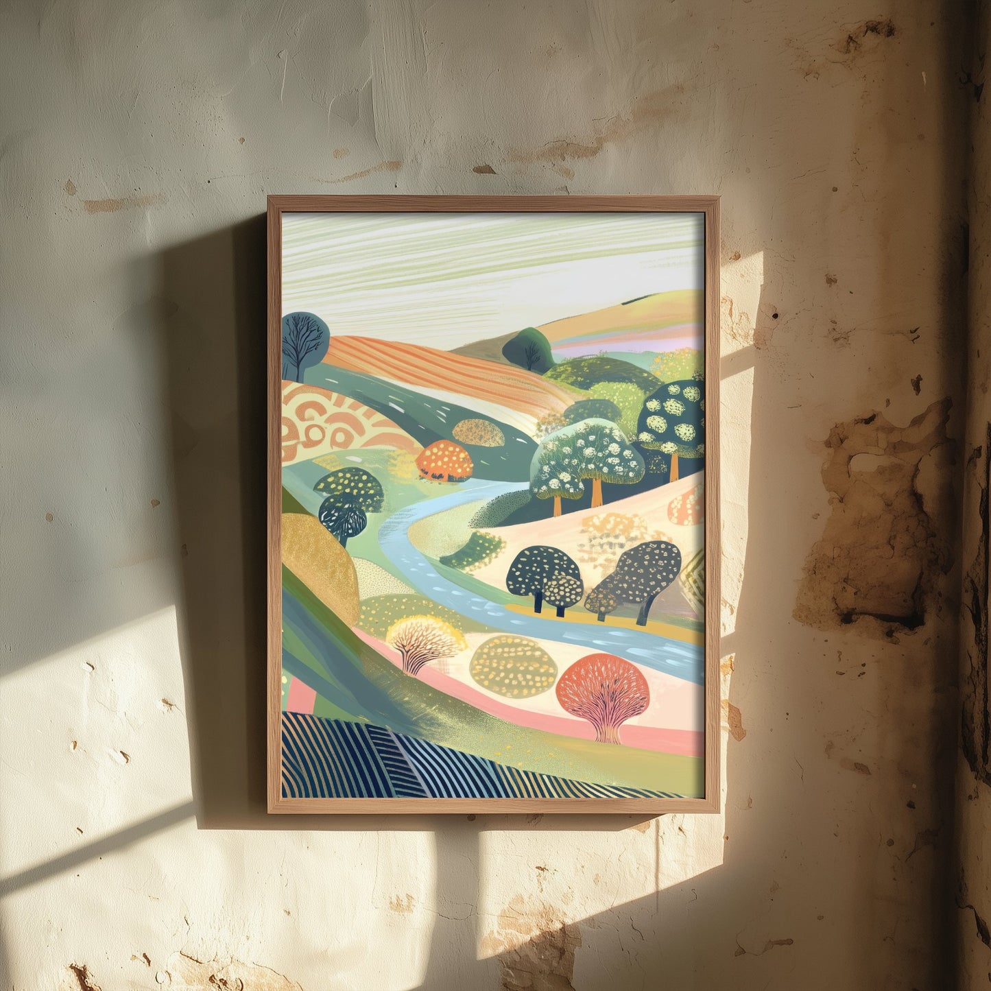Graphic Landscape Art Print - Coral Green Valley Poster - Folk Countryside Illustration - Coral River Valley V8 2/3