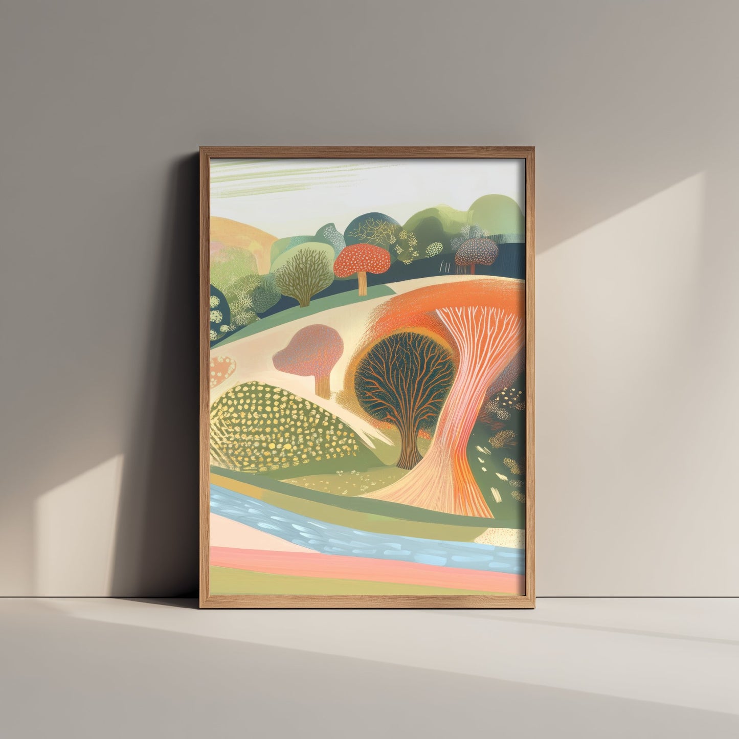 Graphic Landscape Art Print - Coral Green Valley Poster - Folk Countryside Illustration - Green Hillside V8 3/3