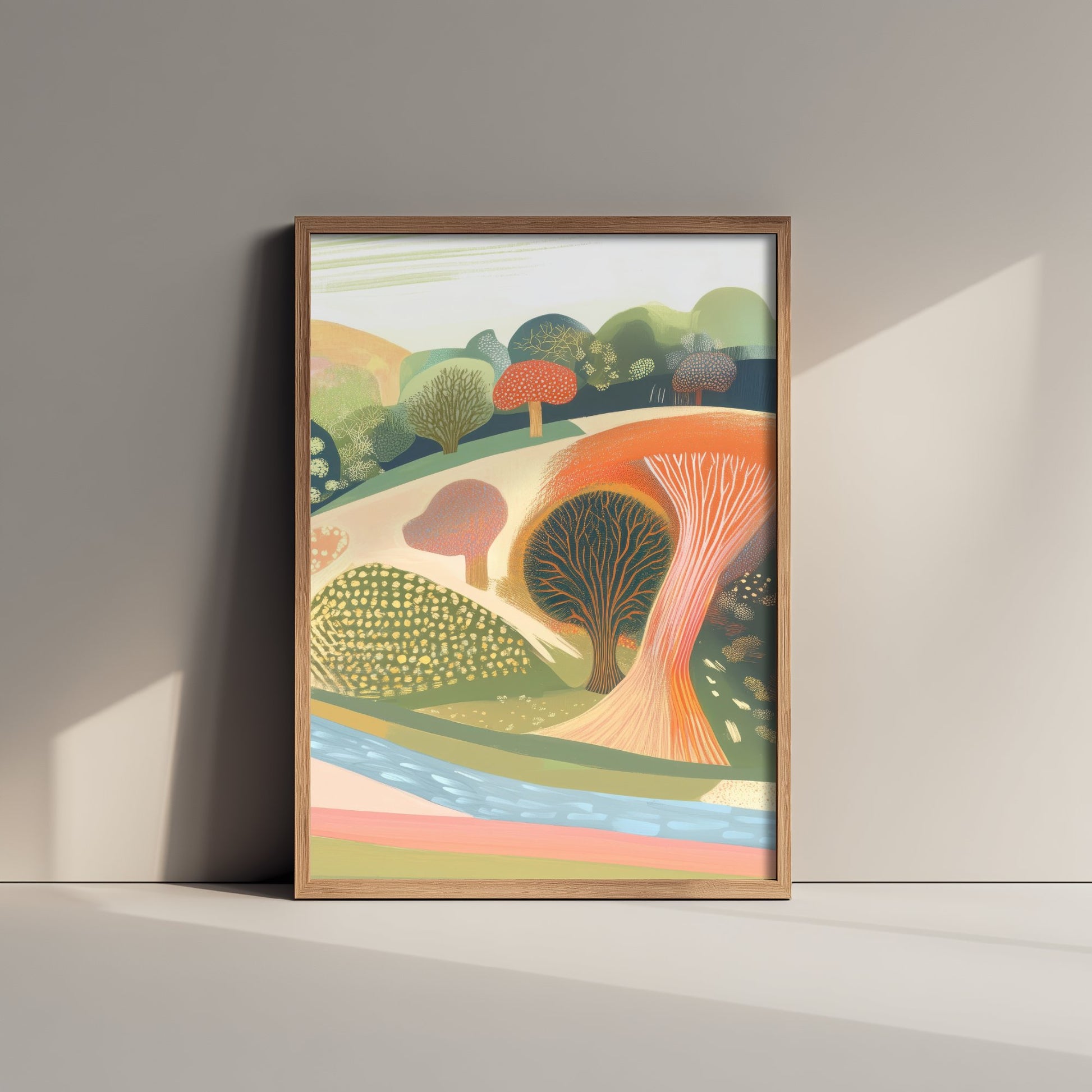 Graphic Landscape Art Print - Coral Green Valley Poster - Folk Countryside Illustration - Green Hillside V8 3/3