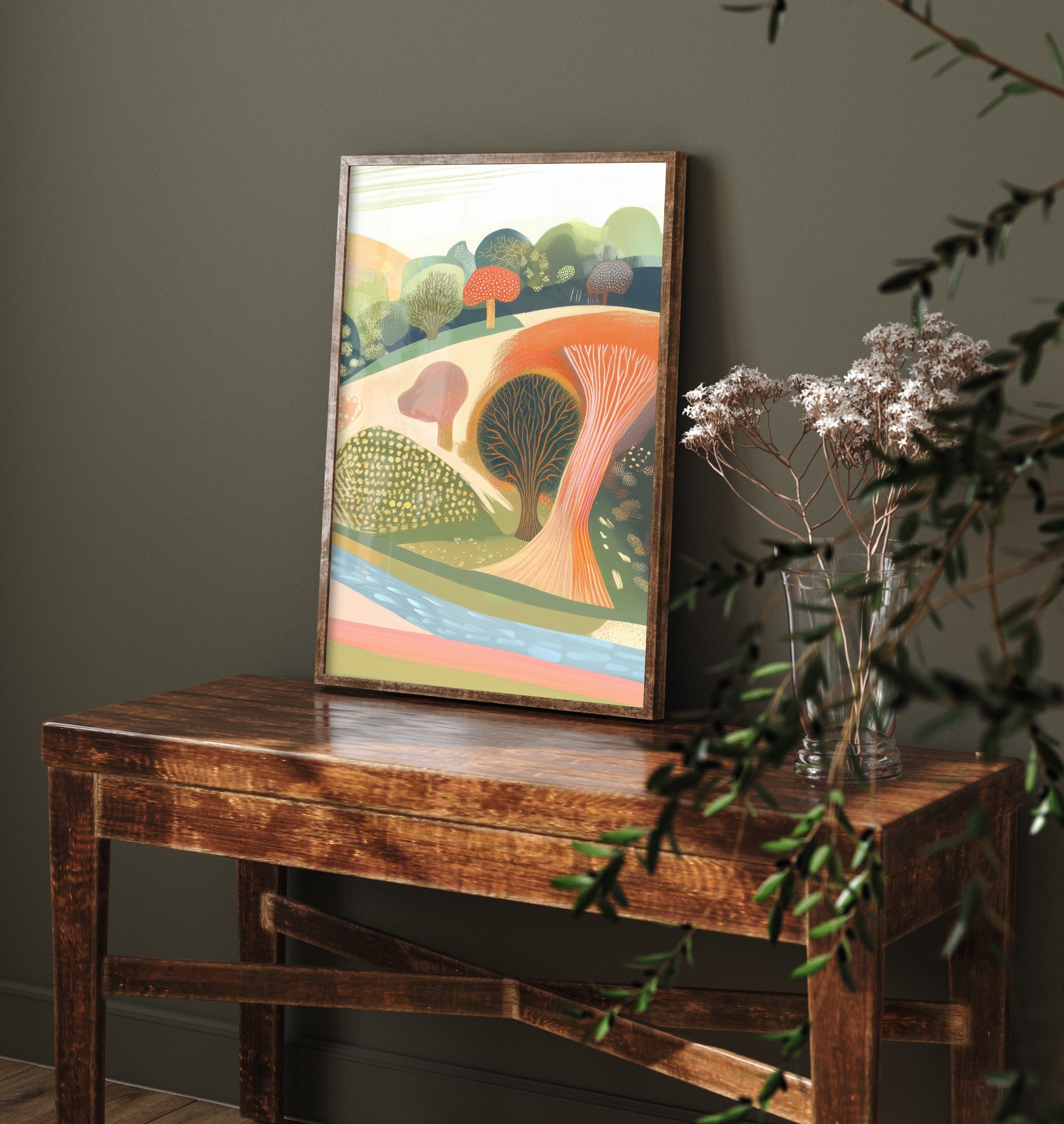 Graphic Landscape Art Print - Coral Green Valley Poster - Folk Countryside Illustration - Green Hillside V8 3/3