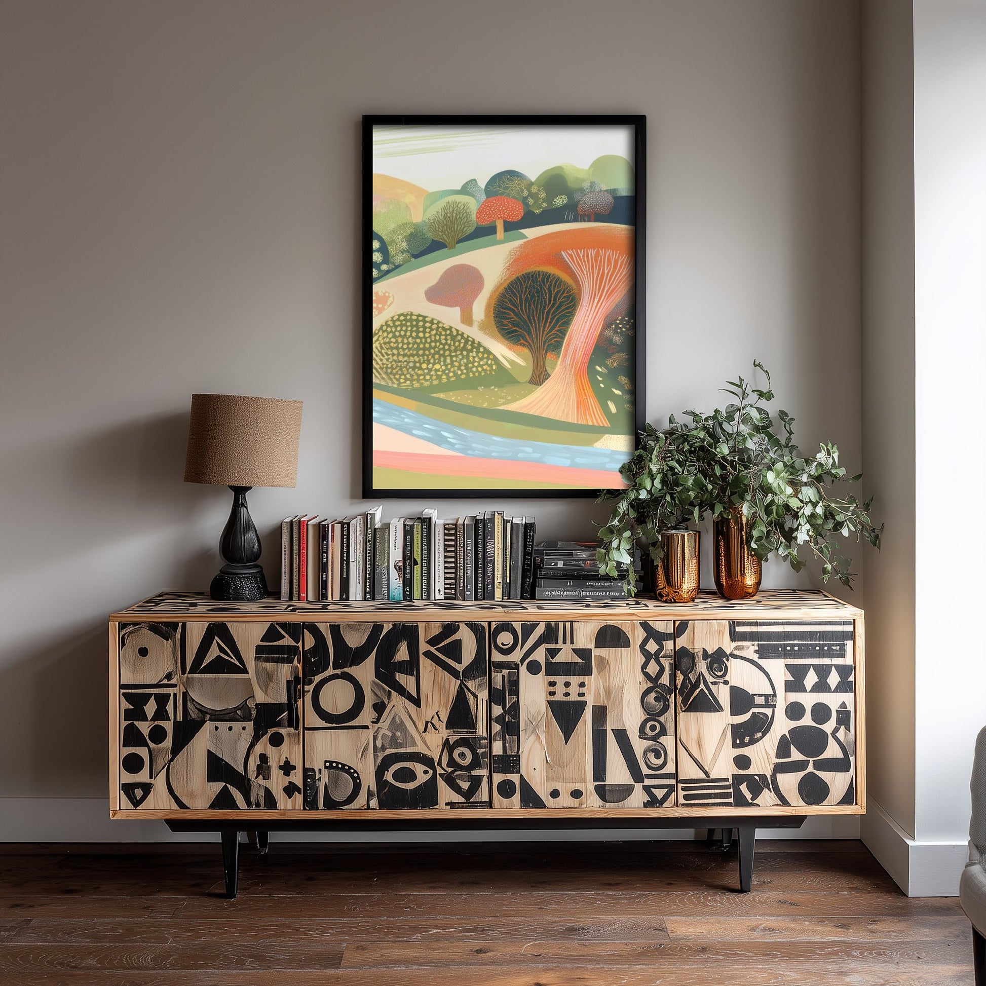 Graphic Landscape Art Print - Coral Green Valley Poster - Folk Countryside Illustration - Green Hillside V8 3/3