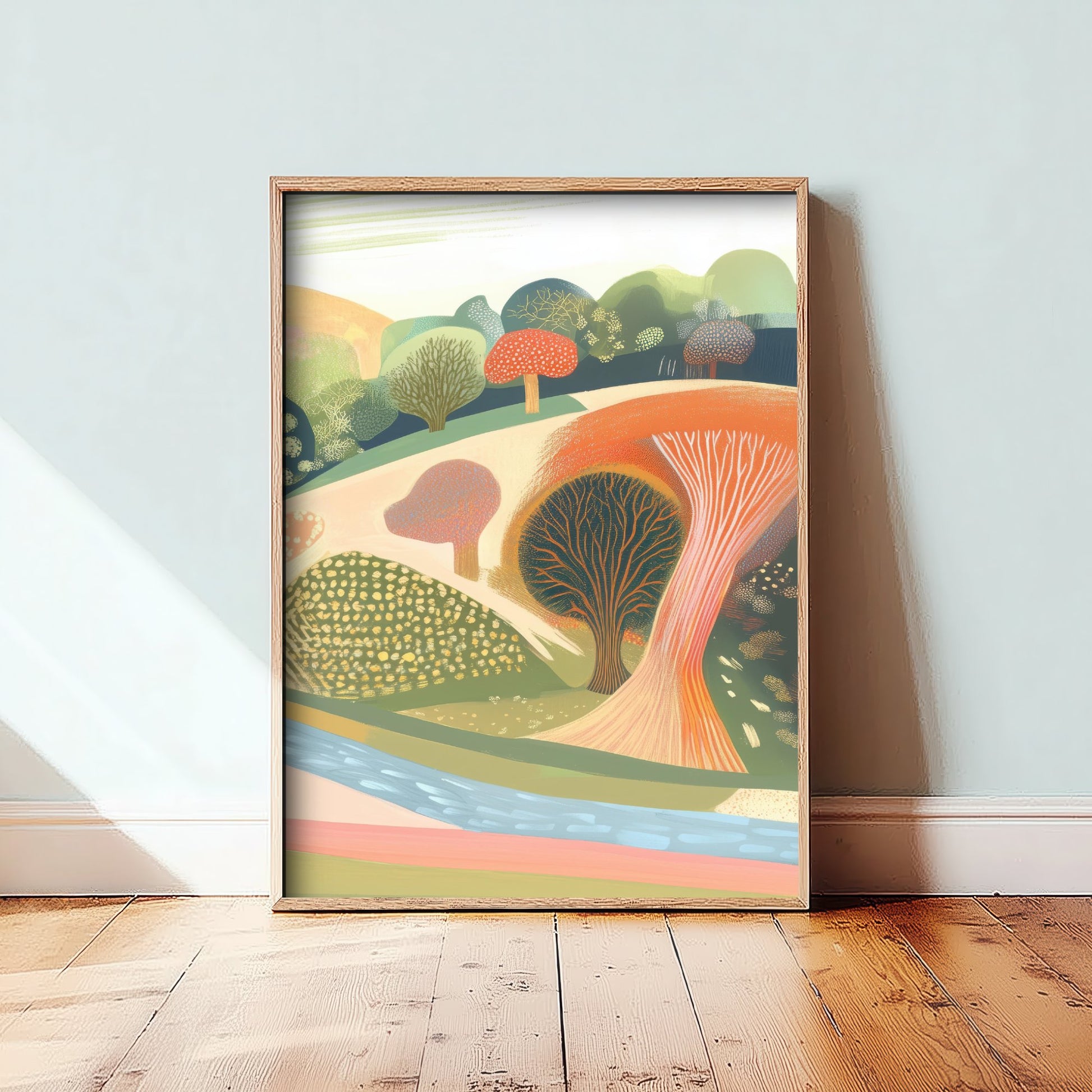 Graphic Landscape Art Print - Coral Green Valley Poster - Folk Countryside Illustration - Green Hillside V8 3/3
