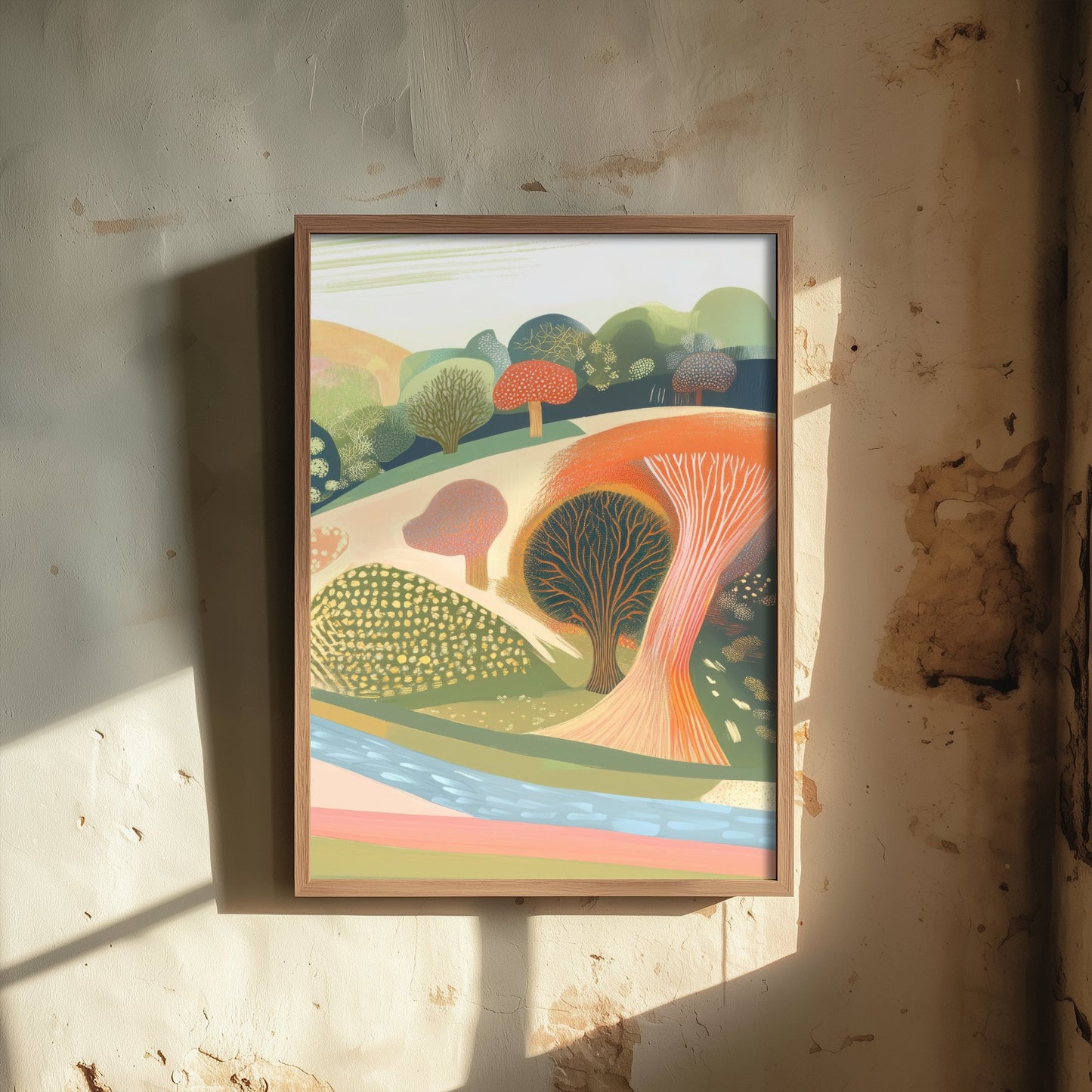 Graphic Landscape Art Print - Coral Green Valley Poster - Folk Countryside Illustration - Green Hillside V8 3/3