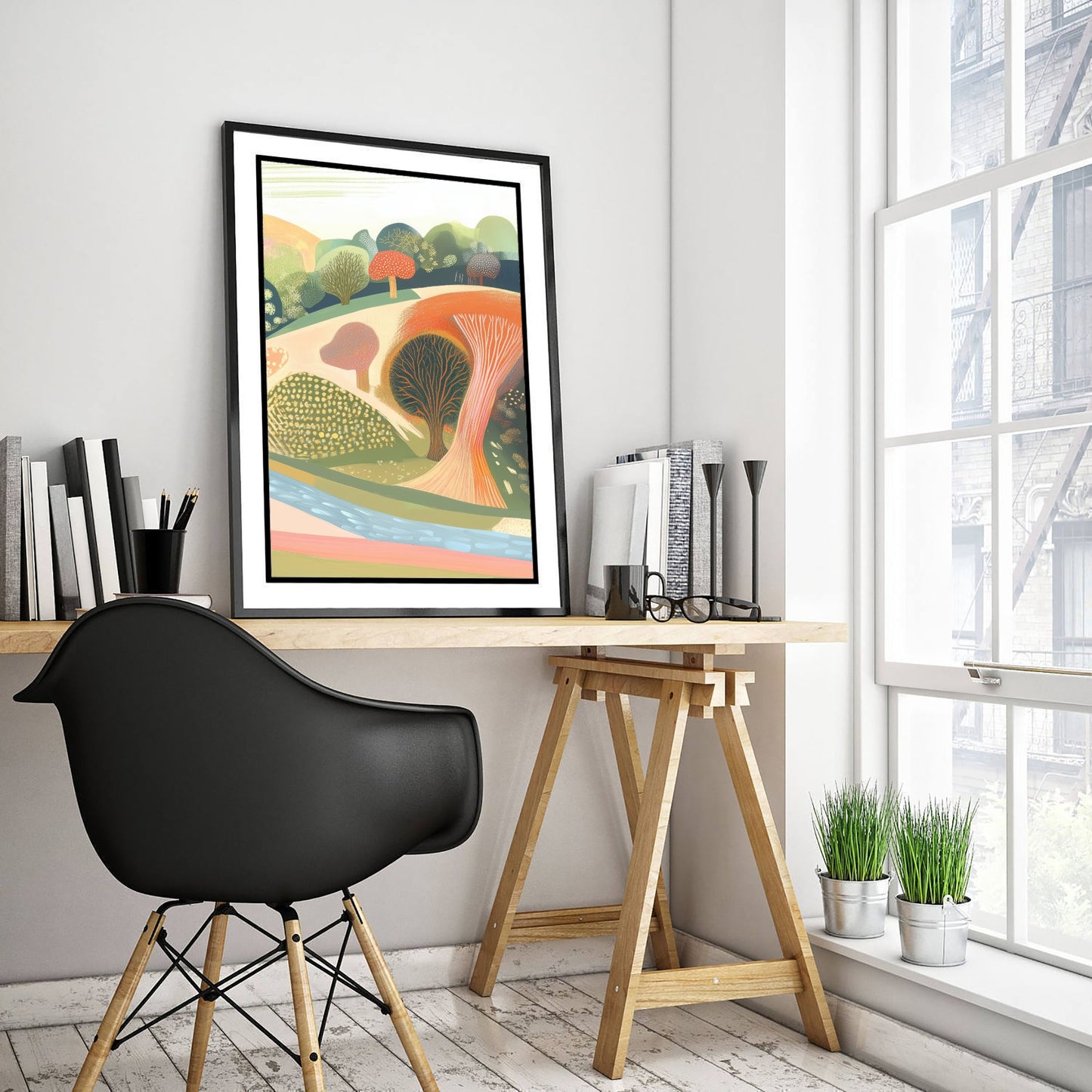 Graphic Landscape Art Print - Coral Green Valley Poster - Folk Countryside Illustration - Green Hillside V8 3/3