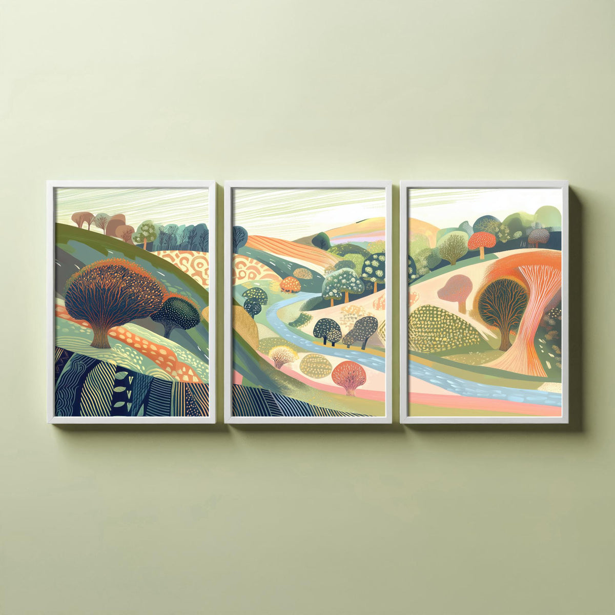 Graphic Landscape Set of Three Art Prints - 3 Orchard Hills Posters - Folk Art River Painting Wall Art Gift Countryside V8