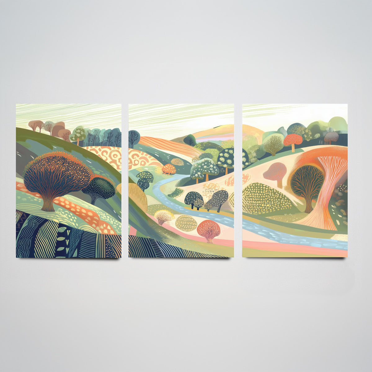 Graphic Landscape Set of Three Art Prints - 3 Orchard Hills Posters - Folk Art River Painting Wall Art Gift Countryside V8