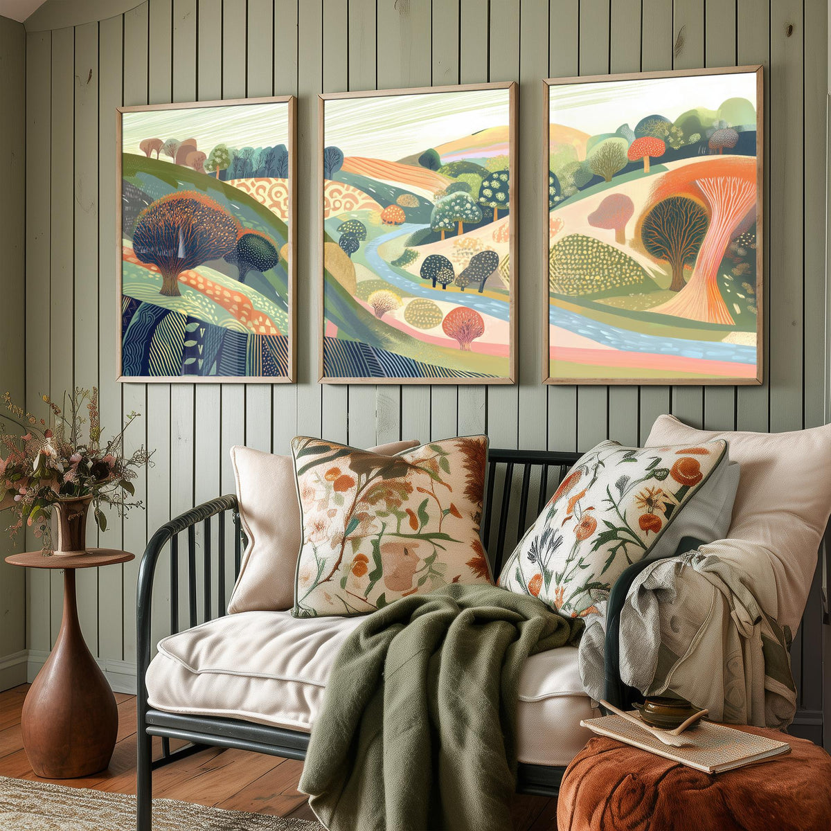 Graphic Landscape Set of Three Art Prints - 3 Orchard Hills Posters - Folk Art River Painting Wall Art Gift Countryside V8