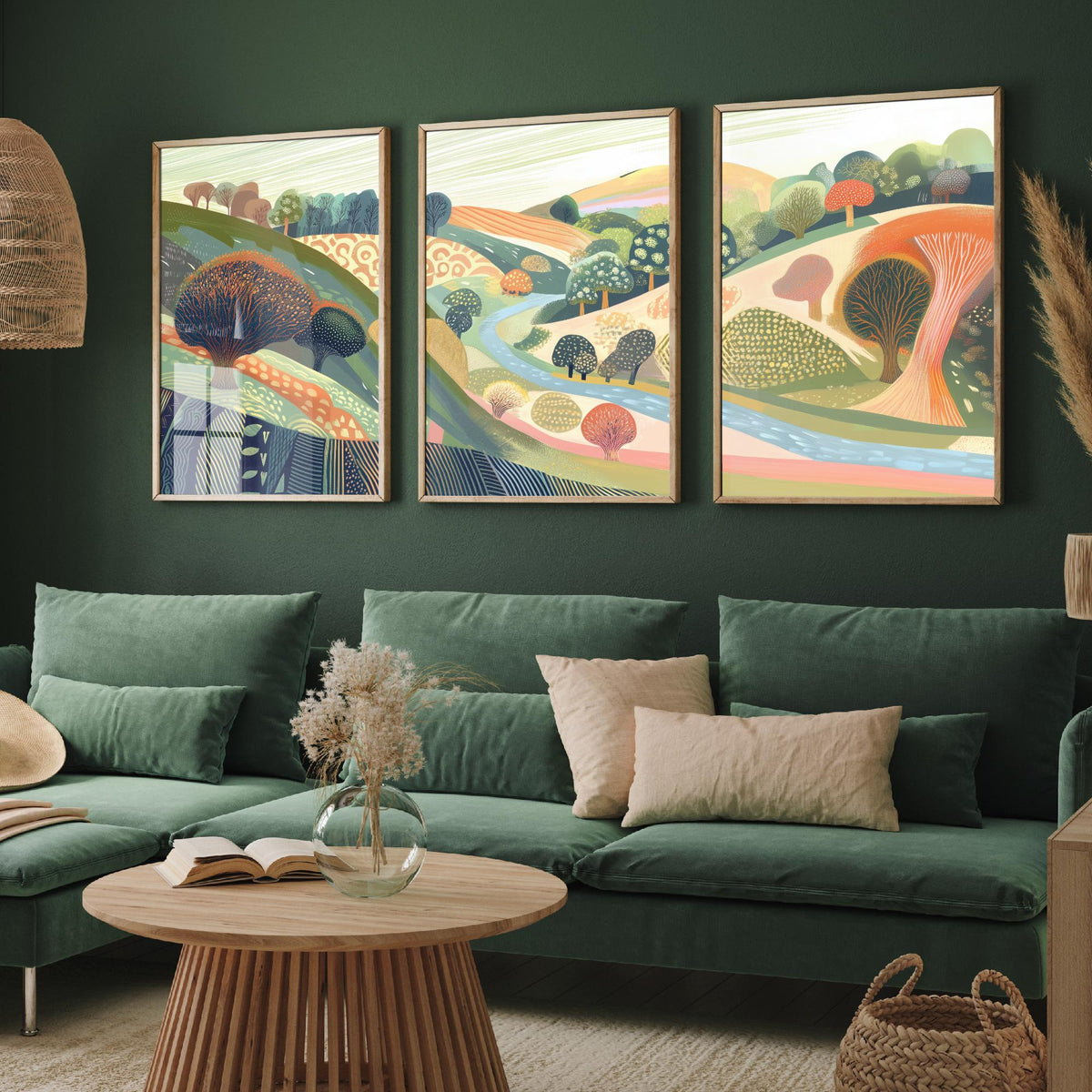 Graphic Landscape Set of Three Art Prints - 3 Orchard Hills Posters - Folk Art River Painting Wall Art Gift Countryside V8