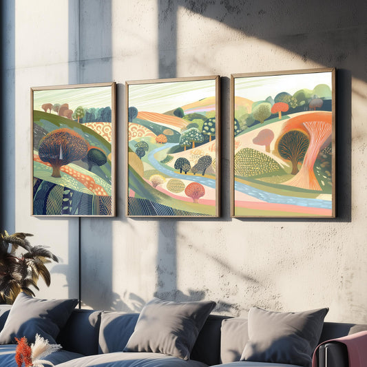 Graphic Landscape Set of Three Art Prints - 3 Orchard Hills Posters - Folk Art River Painting Wall Art Gift Countryside V8