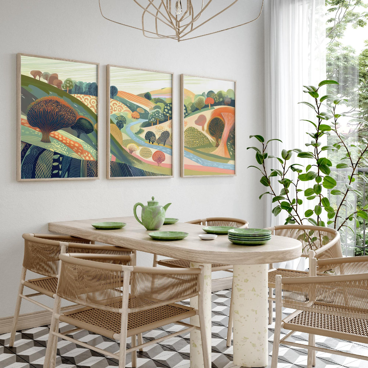 Graphic Landscape Set of Three Art Prints - 3 Orchard Hills Posters - Folk Art River Painting Wall Art Gift Countryside V8