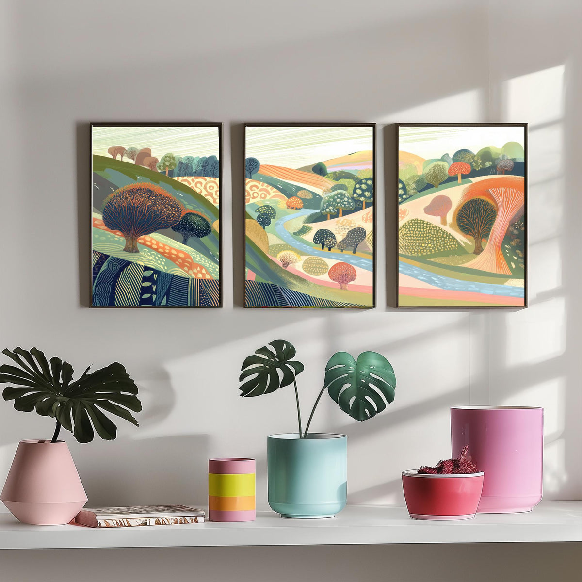 Graphic Landscape Set of Three Art Prints - 3 Orchard Hills Posters - Folk Art River Painting Wall Art Gift Countryside V8
