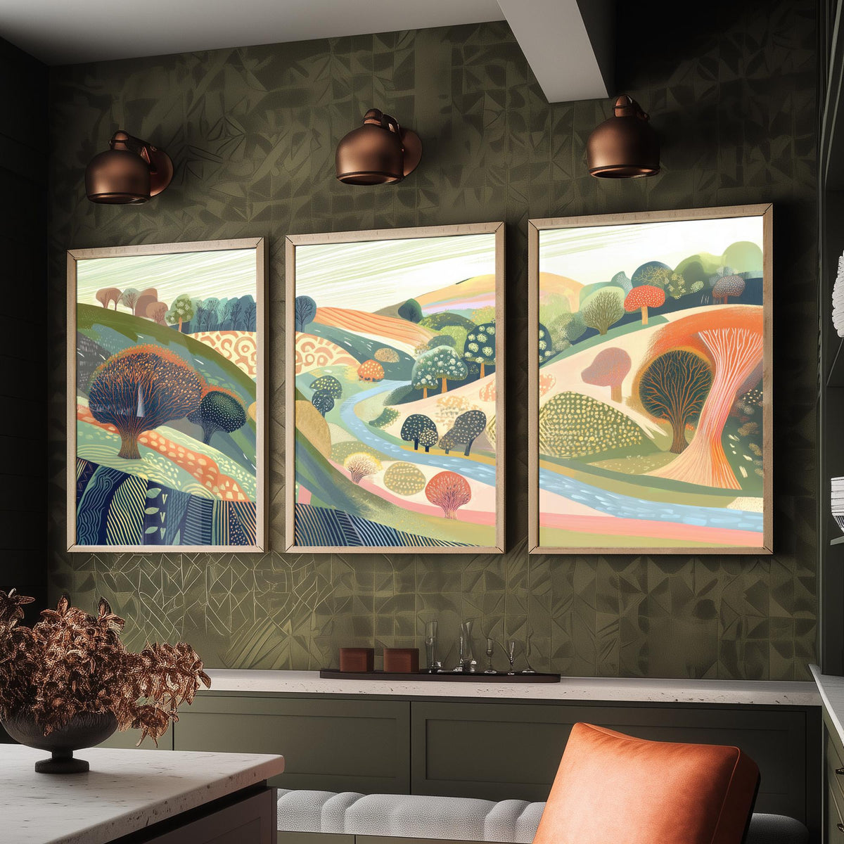 Graphic Landscape Set of Three Art Prints - 3 Orchard Hills Posters - Folk Art River Painting Wall Art Gift Countryside V8